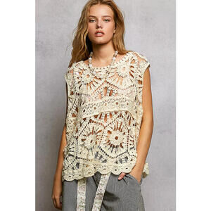 POL Openwork Round Neck Floral Crochet Tank
